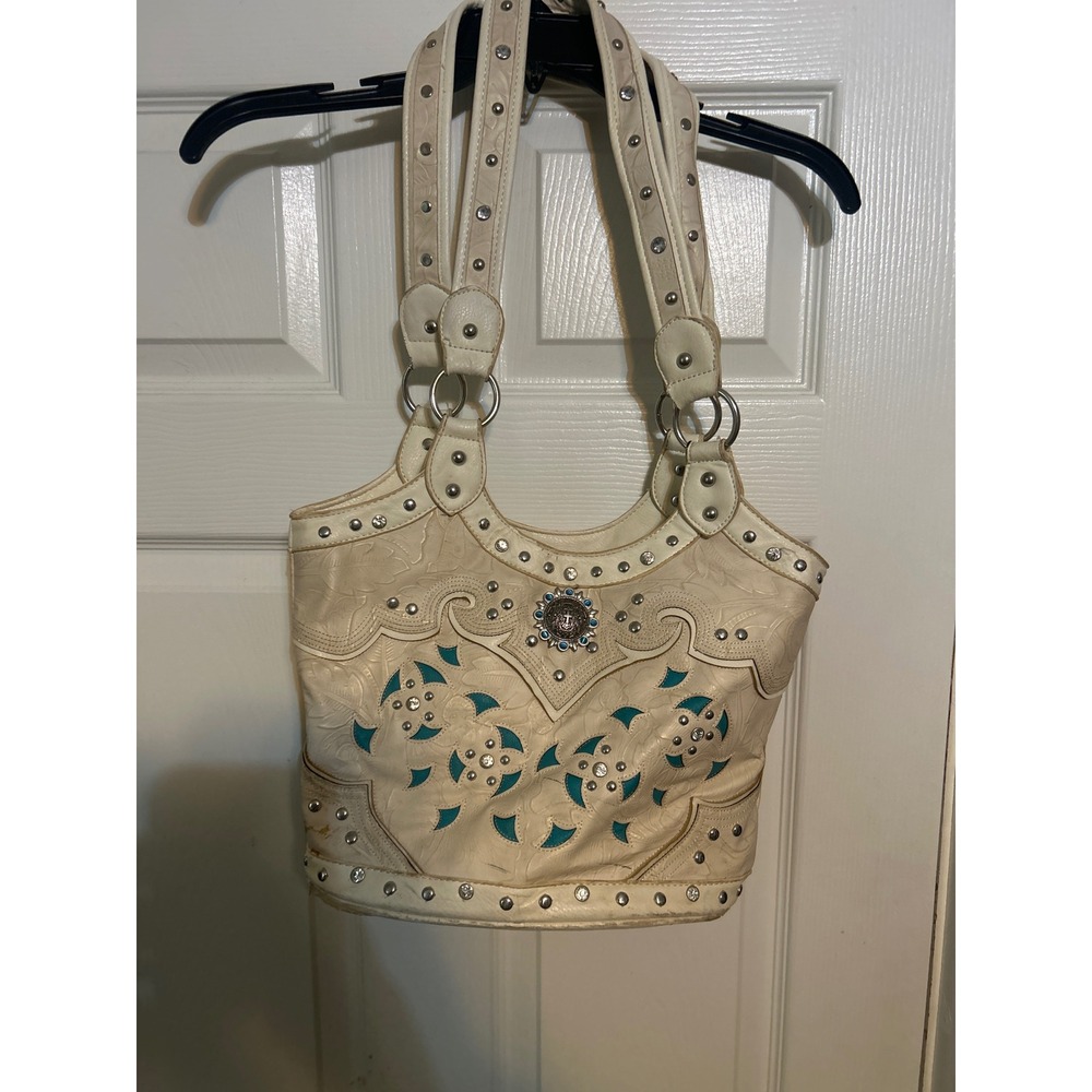 Western Floral Embossed Studded Shoulder Bag Off-White Turquoise Cross Medallion